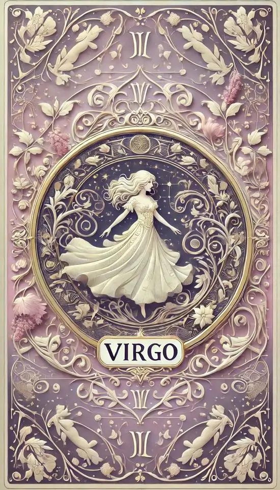 Ảnh nền khung hoa văn cổ điển ôm lấy cô gái váy trắng xoay nhẹ trong vòng tròn trang trí, tông tím kem mềm mắt làm hình chòm sao Trinh Nữ trông ngọt và xinh