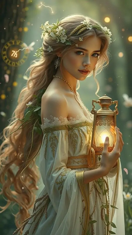 Ảnh đại diện Virgo thiếu nữ tóc vàng mặc váy xanh ôm chiếc đèn nhỏ trong tay, đứng nghiêng giữa nền lá sáng khiến hình cung Thất Nữ nhìn thơ và dễ mến
