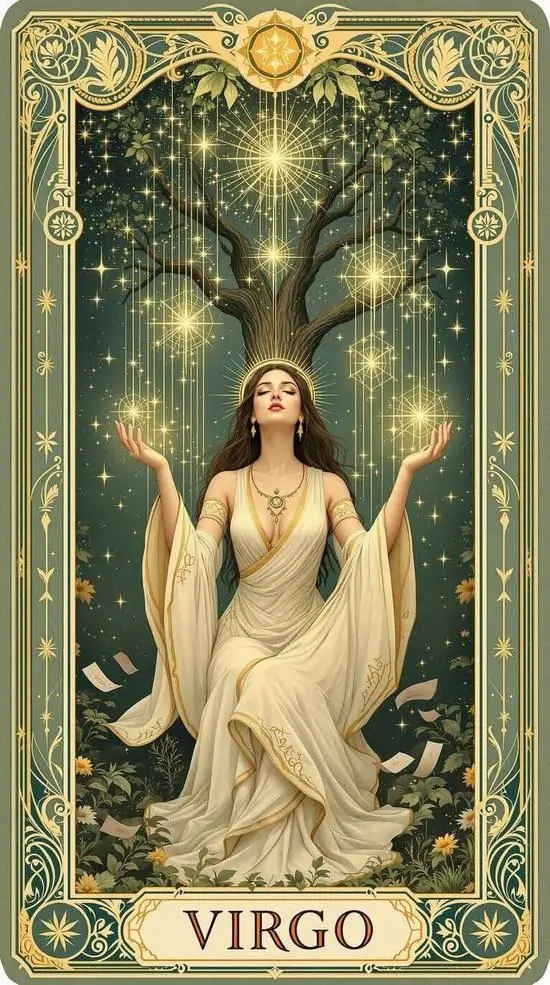 Cô gái mặc váy sáng đứng giữa khung viền xanh vàng như tranh tarot, hai bên phủ đầy lá và ánh đèn nhỏ khiến sao Thất Nữ hiện lên rất ấm áp, HD và dịu