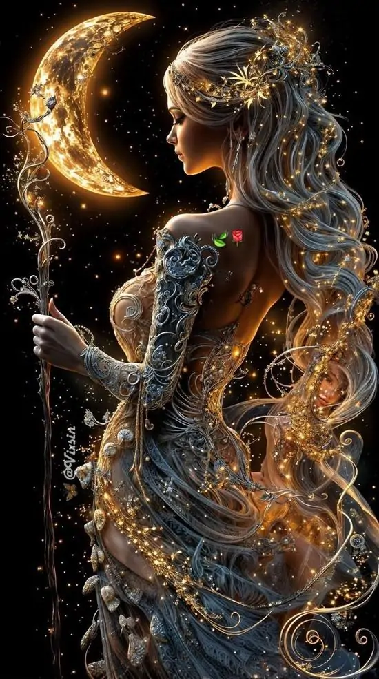 Thiếu nữ nhìn nghiêng trong bộ váy tối ôm cơ thể, tóc xoăn bừng sáng như lửa và vầng trăng sau lưng làm khung ảnh 3D này vừa ngầu vừa mềm mại