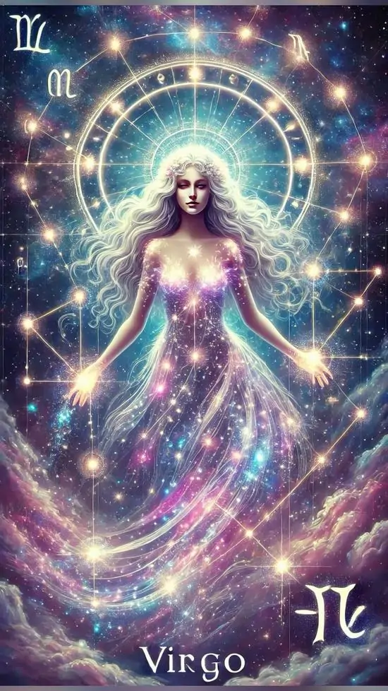 Hình nền điện thoại cô gái phát sáng đứng giữa những vòng hào quang tím xanh, váy dài loang màu như sương khiến ảnh chòm sao Xử Nữ nhìn lung linh và rất 4K