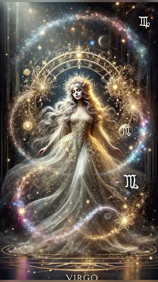 Nhân vật nữ áo trắng bước ra từ quầng sáng vàng giữa vũ trụ xoáy mềm, nét vẽ mịn và ánh sao dày làm bức này hợp làm ảnh nền Virgo nhẹ nhàng