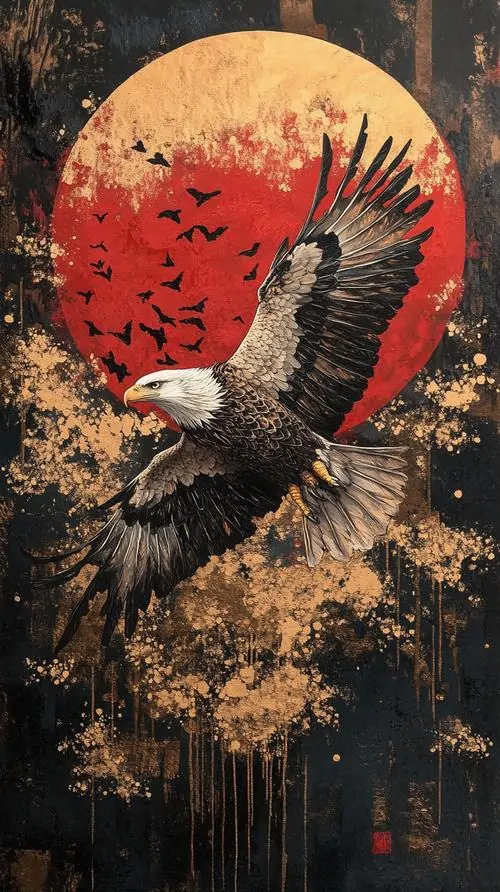 Hình nền đại bàng dang rộng đôi cánh trước mặt trời đỏ rực, nét vẽ loang như mực cháy làm thân chim nổi bật dữ dội, rất hợp làm phông nền chúa tể bầu trời 4K