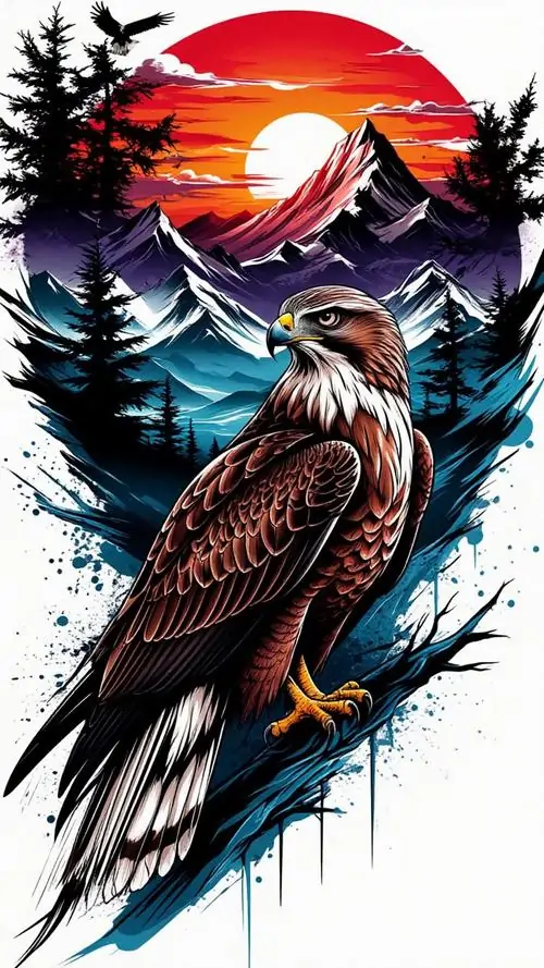 Ảnh nền đại bàng nâu đậu trên cành khô giữa rừng thông và hoàng hôn đỏ, bộ lông xếp dày rõ lớp tạo cảm giác ảnh đại bàng 4K đẹp vừa mạnh vừa chắc