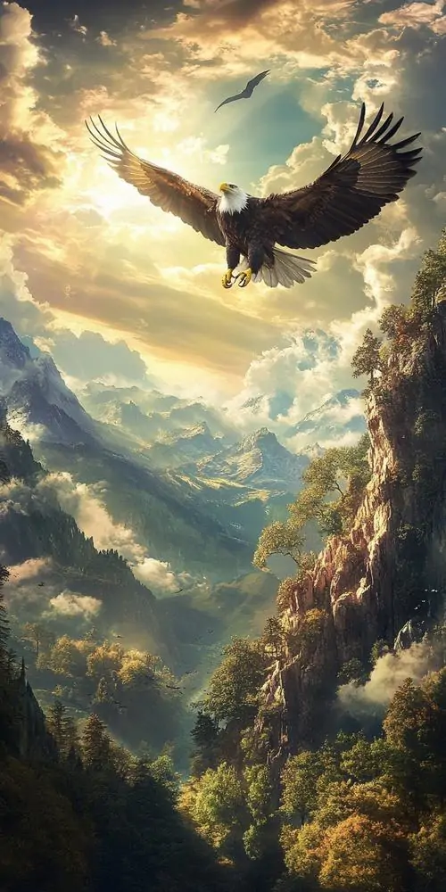 Con chim săn mồi bay xuyên thung lũng ngập nắng, phía dưới là sườn núi phủ cây xanh, khung dọc mở ra cảm giác tự do rất rõ trong hình ảnh đại bàng độ phân giải cao