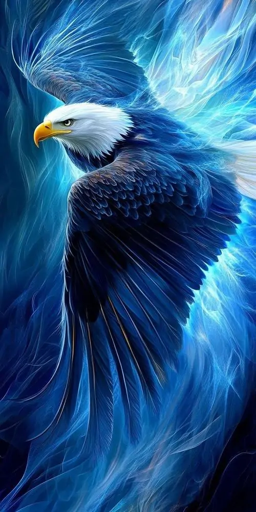 Ảnh bìa cận mặt đại bàng đầu trắng trên nền xanh xoáy mạnh như gió lạnh, mắt vàng nhìn nghiêng sắc lịm làm phông nền đại bàng cho máy tính trông cực đẹp và quyền uy