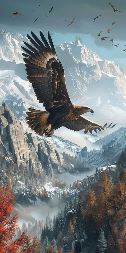 Đại bàng lao qua bầu trời xám trên dãy núi tuyết, cánh mở ngang và đàn chim nhỏ phía sau làm khung cảnh săn mồi thêm gắt, chuẩn chất hình nền chim đại bàng siêu rõ nét