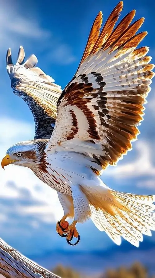 Ảnh wallpaper đại bàng trắng bay chéo lên trời xanh, lông cánh hắt nắng vàng cam và móng vuốt buông thấp như vừa đổi hướng, hợp làm hình nền đại bàng chất lượng cao