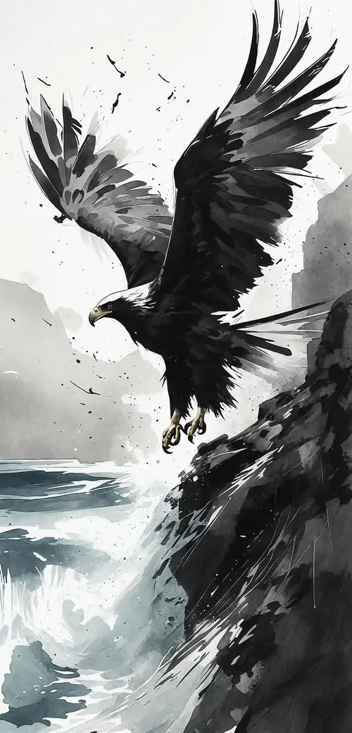 Đại bàng đen trắng vỗ cánh trên mặt biển lạnh, mực loang quanh thân chim làm bức ảnh mang chất tranh thủy mặc, hợp người thích ảnh nền đại bàng siêu nét hơi lạ mắt