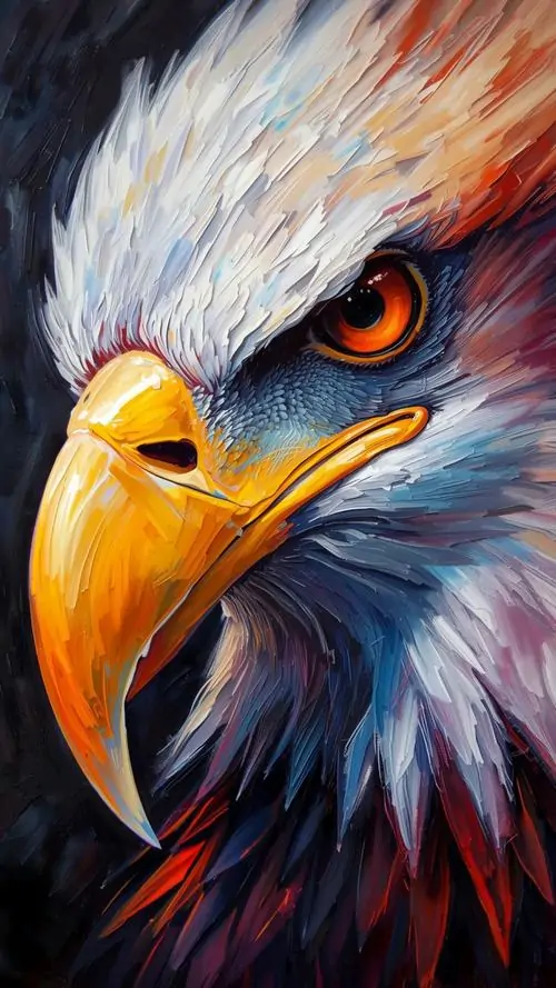 Hình nền cận cảnh đầu đại bàng với mỏ vàng lớn và lông trắng pha xanh đỏ như lửa, nét vẽ dày tạo cảm giác 3D rất rõ cho màn hình võng mạc nhìn càng đã mắt