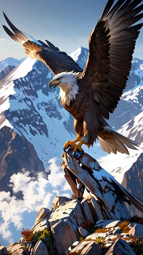 Đại bàng nâu đứng trên mỏm đá giữa núi tuyết, cánh mở rộng như giữ thăng bằng trước gió mạnh, bức này hợp kiểu hình nền chim săn mồi chất lượng cao cho màn hình dọc