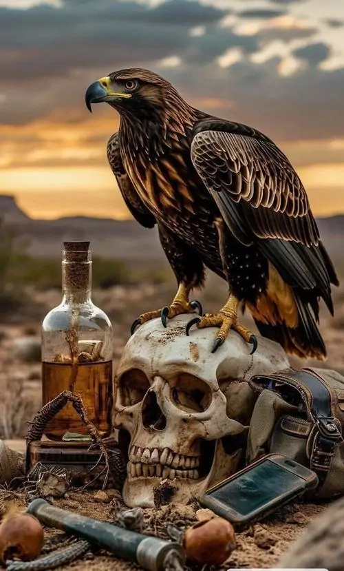 Ảnh nền đại bàng sẫm màu đậu cạnh sọ người và chai thủy tinh cũ dưới trời chiều, không khí khô bụi làm ảnh đại bàng tung cánh chưa cần xuất hiện vẫn thấy đầy uy lực