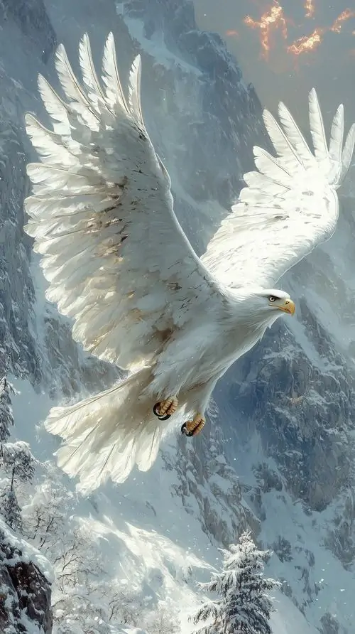 Ảnh bìa đại bàng trắng mở cánh giữa bão tuyết, lông sáng bật lên trên nền đá xám và mây lạnh, kiểu dựng hình này cho cảm giác Ultra HD rất sạch và dứt khoát