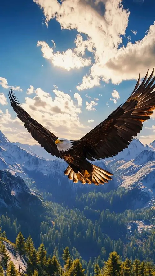 Hình nền điện thoại đại bàng bay lượn trên thung lũng núi xanh dưới mây trắng lớn, góc rộng khiến thân chim không quá gần nhưng vẫn đủ nổi bật và rất đẹp trên màn dọc