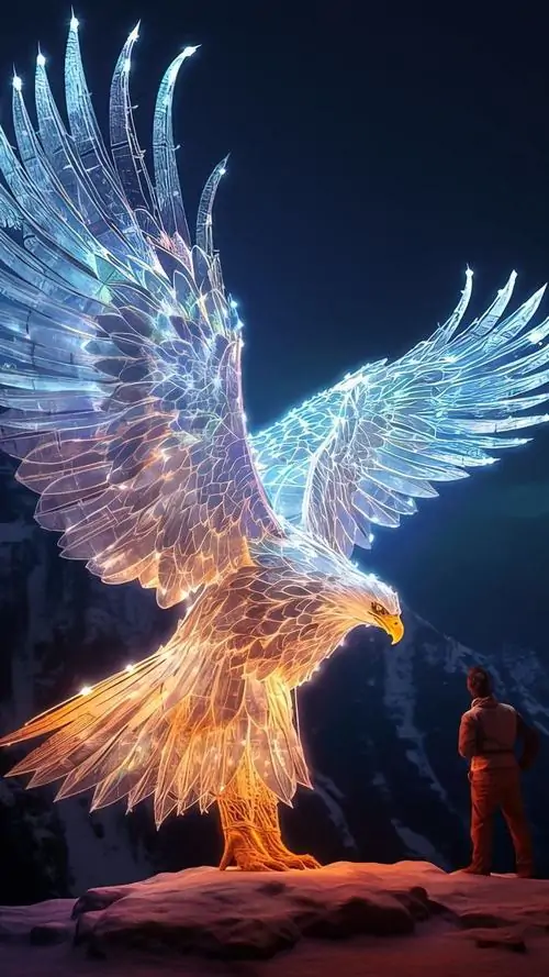 Chim lửa dang cánh phát sáng tím xanh trên nền đêm, phía dưới có bóng người đứng nhìn làm bức ảnh nghiêng về fantasy, khác hẳn ảnh nền đại bàng nghệ thuật kiểu chân thực