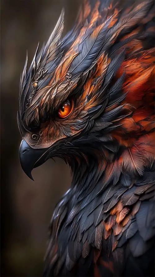 Ảnh wallpaper đầu đại bàng tối màu phủ lớp lông nhọn như than cháy, mắt cam nhìn xéo đầy đe dọa, kiểu vẽ này khiến phông nền đại bàng cho máy tính trông ngầu hơn hẳn