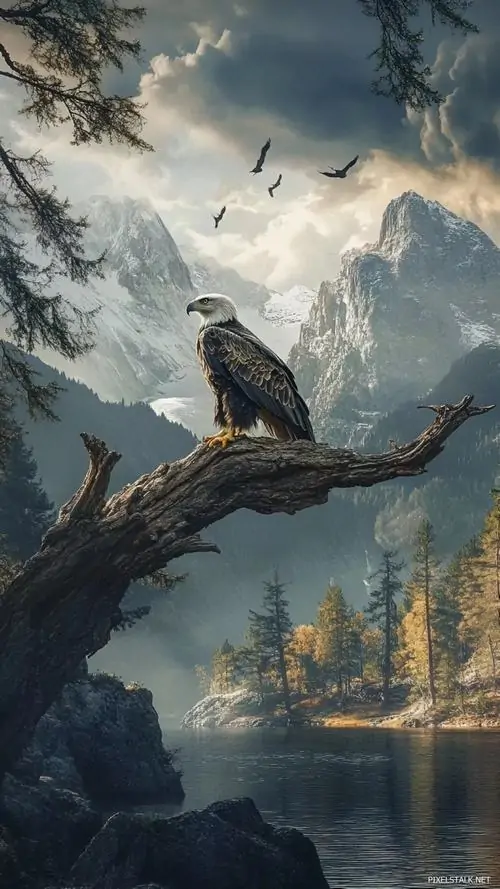 Đại bàng đơn độc đậu trên cành cây chìa ra giữa hồ và núi mờ, sương lạnh phủ quanh tạo nhịp chậm hơn, hợp ai thích hình nền đại bàng 4K thiên về cảnh tự nhiên