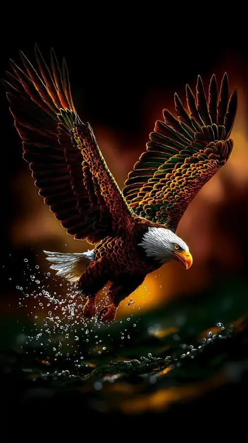 Ảnh nền đại bàng đậu trên gốc cây phủ rêu trong rừng mưa, nước nhỏ đều từ đầu cánh xuống móng làm ảnh nền đại bàng nghệ thuật mang chất ẩm và nặng