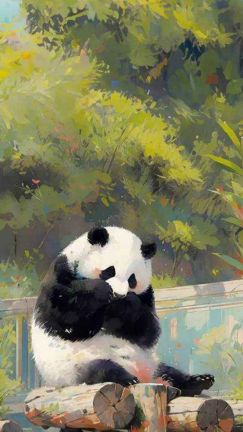 Một nhân vật gấu trúc bằng len móc đứng giữa kệ đồ thủ công, mắt hạt cườm và chiếc khăn cổ bé xíu làm tấm hình trông ấm tay và cực dễ thương