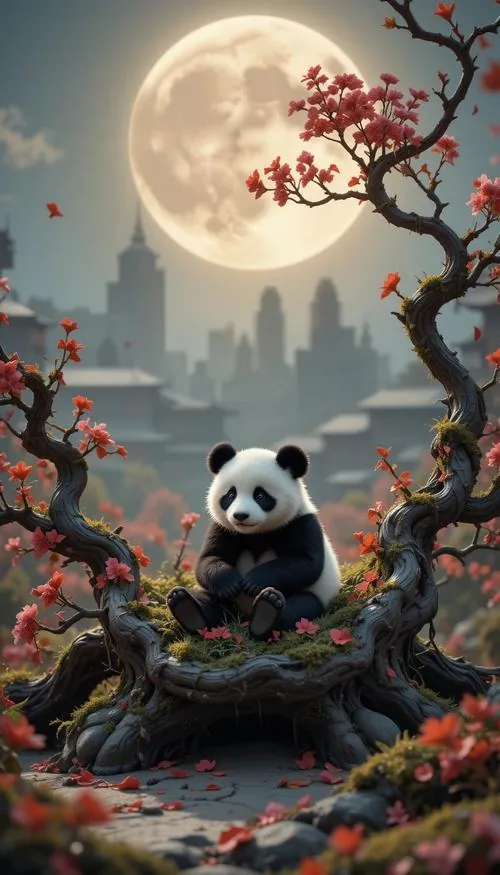 Một cảnh 3D cho thấy gấu trúc đang trượt patin trong công viên thành phố, khăn cổ tung nhẹ và má hồng làm bức ảnh tràn năng lượng nhưng vẫn rất êm mắt