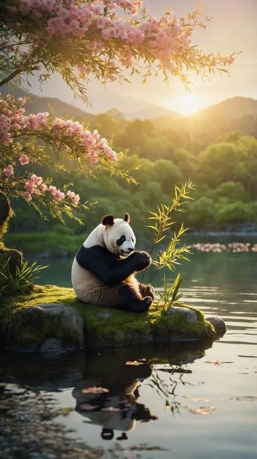 Gấu trúc chibi mặc yếm bò xanh đứng tưới chậu cúc nhỏ trên ban công, nắng sớm chạm mép lá làm cả bức hình sáng lên theo kiểu rất dịu