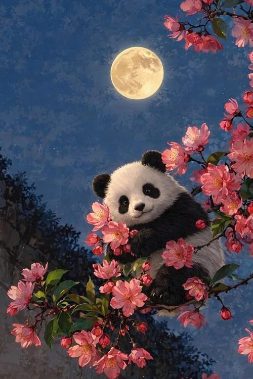 Trên mái nhà lợp ngói đỏ, gấu trúc ngồi cạnh ăng ten nhỏ và nhìn đàn chim bay qua, bố cục thoáng khiến hình nền gấu trúc có nét lạ mà vẫn đẹp