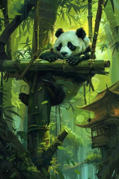 Gấu trúc hoạt hình mặc tạp dề ngồi bên cửa hàng hoa, ôm bó tulip vàng và cười mím khiến ảnh màn hình gấu trúc có nét tươi mới rất hợp mùa xuân