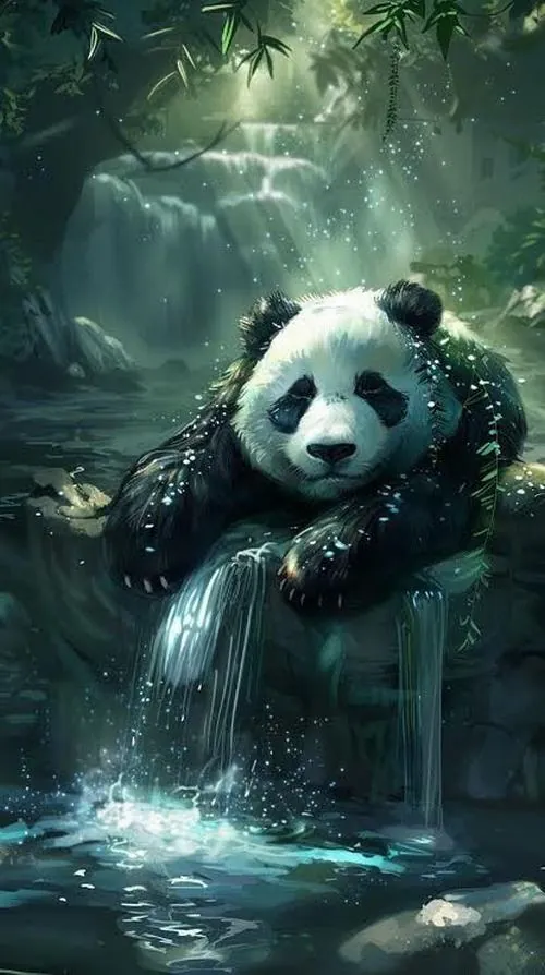 Gấu trúc đội mũ đầu bếp đứng bên nồi súp bí đỏ trong căn bếp gạch trắng, hơi nóng bay lên khiến ảnh trông ấm áp như một buổi chiều ở nhà