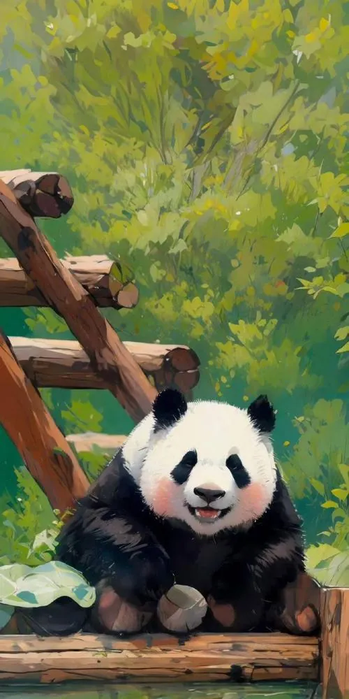 Một chú gấu trúc ngồi trong xe đẩy siêu thị đầy trái cây màu pastel, vẻ mặt ngơ ngác làm ảnh nền đt Iphone trông tươi và đáng yêu theo kiểu rất đời thường