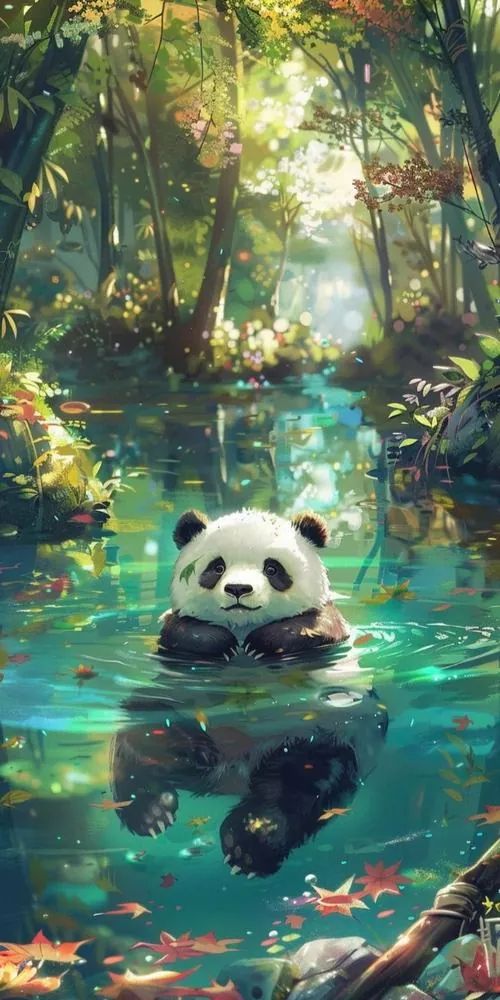 Một chú gấu trúc nổi giữa mặt nước xanh ngọc trong khu rừng sáng loáng, phản chiếu lấp lánh quanh thân làm ảnh màn hình gấu trúc này đẹp và hơi ngầu