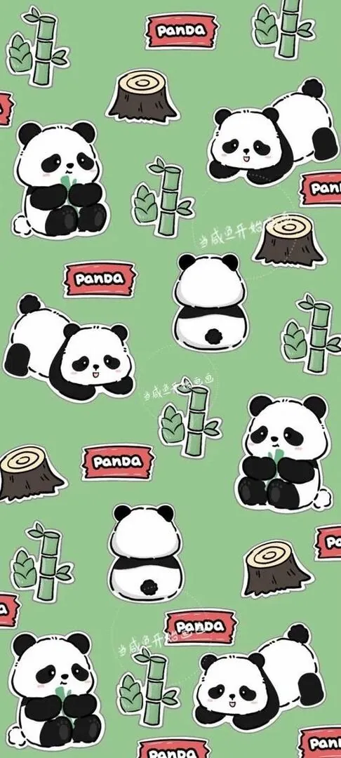 Ảnh nền điện thoại dọc nền xanh bạc hà phủ kín các gấu trúc hoạt hình nhỏ với nhiều dáng đứng ngồi khác nhau, bố cục lặp đều tạo cảm giác vui mắt cho hình nền điện thoại