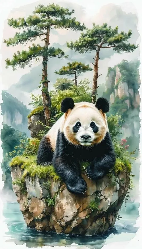 Chú gấu trúc đơn lẻ đứng trên mỏm đá giữa khung cảnh núi cây kiểu tranh thủy mặc, thân nghiêng nhẹ và lông đen trắng nổi rõ làm wallpaper gấu trúc rất thanh thoát