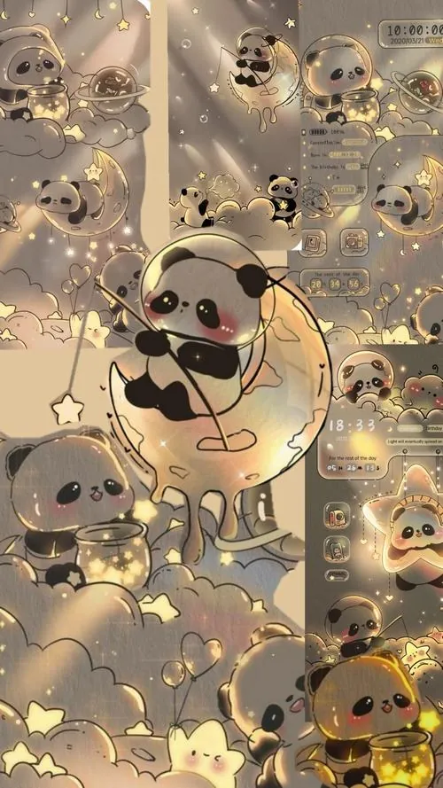 Ảnh nền đt Iphone gấu trúc hoạt hình mũm mĩm đứng giữa nền be có nhiều chấm sáng, hai tay dang nhẹ và biểu cảm cười tươi khiến ảnh nền gấu trúc trông 3D hơn hẳn