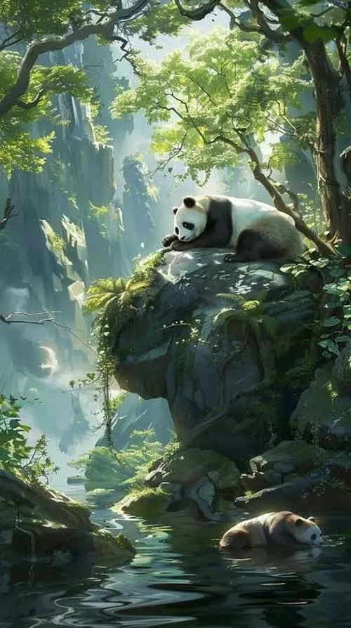 Một chú gấu trúc nằm ngủ trên tảng đá giữa suối nhỏ trong rừng xanh mát, thân thả lỏng và ánh sáng từ trên cao làm hình nền gấu trúc này rất dễ chịu