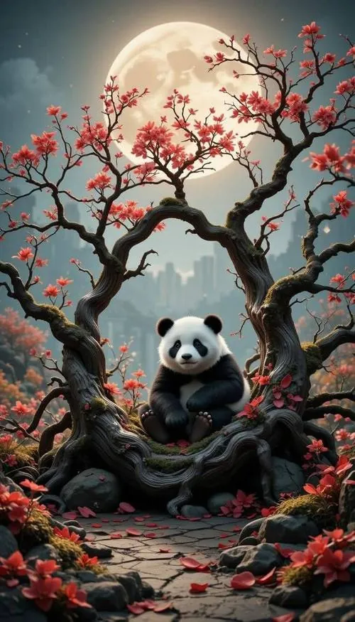 Ảnh màn hình gấu trúc ngồi lọt giữa những cành cây xoắn đen và lá đỏ, phía sau là vầng trăng lớn khiến ảnh nền gấu trúc mang sắc tối đẹp mà vẫn mềm