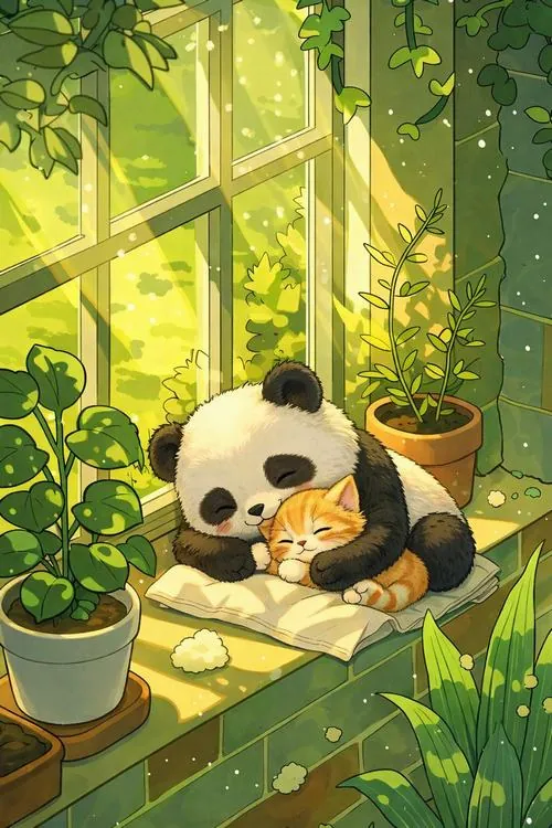 Chú gấu trúc con gục đầu ngủ bên bàn nhỏ cạnh cửa sổ ngập nắng, chung quanh là chậu cây và bóng lá vàng làm hình đại diện gấu trúc trông ấm áp Ultra HD