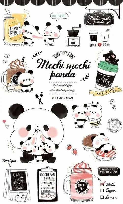 Wallpaper gấu trúc tờ sticker trắng in đầy hình vẽ gấu trúc nhỏ cùng bánh ngọt và chữ trang trí, bố cục dày nhưng sạch mắt nên rất hợp làm ảnh bìa cute