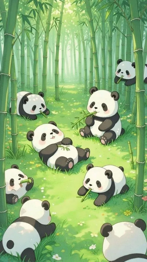 Nhiều gấu trúc con nằm rải trong bãi cỏ xanh non, mỗi bé một tư thế khác nhau và khoảng trống thoáng giúp hình gấu trắng đen này lên màn hình rất nhẹ nhàng