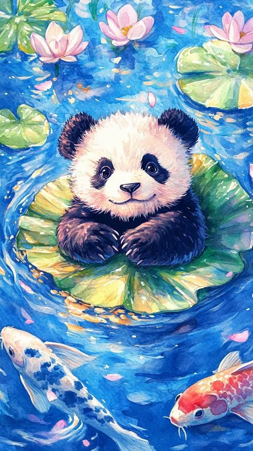 Hình nền gấu trúc con ngồi giữa hồ sen xanh, hai tay ôm lá tròn trước bụng, mắt mở hiền và nét vẽ như tranh sơn dầu làm ảnh nền gấu trúc thêm cute