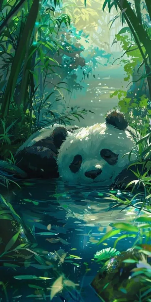 Ảnh nền cute gương mặt gấu trúc lớn nổi giữa lớp nước xanh lam trong khu cây tối, đôi mắt nhìn thẳng và hiệu ứng sáng quanh đầu làm ảnh wallpaper khá ngầu