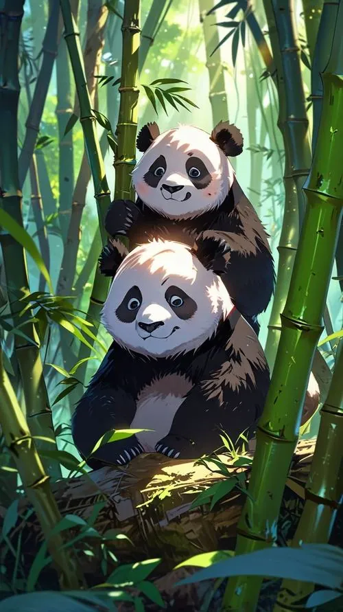 Hai gấu trúc ôm nhau trên thân tre cao giữa rừng xanh thẫm, một bé ngó xuống còn bé kia tựa cằm lên lưng bạn làm ảnh nền gấu trúc vừa đẹp vừa êm