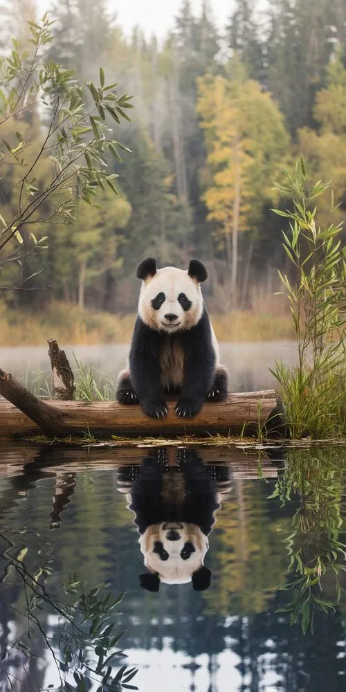 Một chú gấu trúc đội mũ len đỏ ngồi sau quầy bánh quy, tay giữ chiếc cốc sữa nóng và ánh đèn tiệm nhỏ làm khung ảnh trông ngọt như buổi tối mùa đông