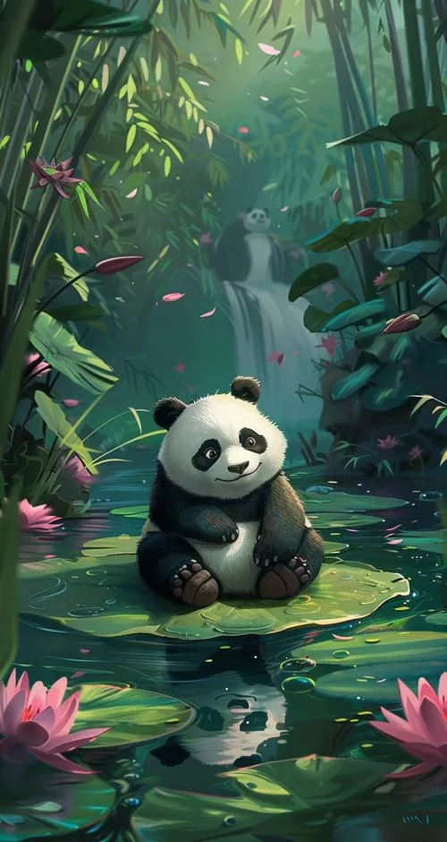 Bức ảnh 3D ghi lại gấu trúc nhỏ đứng trên chiếc bánh kem dâu, hai chân hơi dang và lớp kem phủ mềm làm cả khung hình ngọt lịm như đồ chơi cao cấp