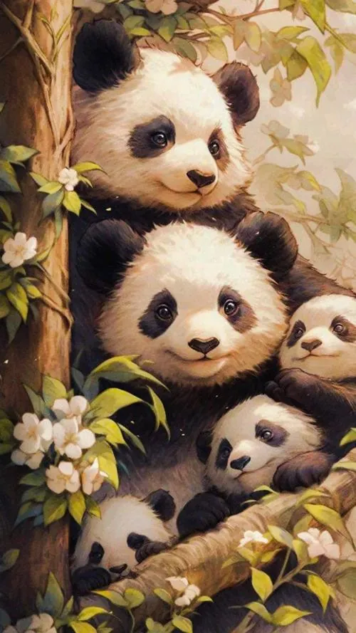 Gấu trúc con ôm cây đàn ukulele trên bậc thềm gỗ, chân đung đưa và nụ cười nhỏ khiến tấm wallpaper gấu trúc có nhịp vui nhẹ như một chiều cuối tuần