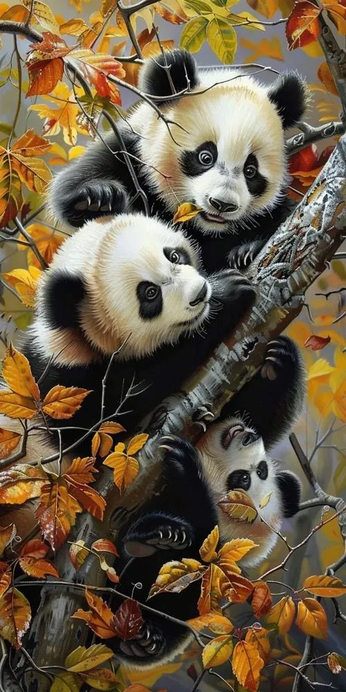 Chú gấu trúc lớn bám trên thân cây với một bé áp sát bên cạnh, lá vàng cam phủ kín khung dọc tạo cảm giác ấm áp và rất hợp làm wallpaper gấu trúc đẹp