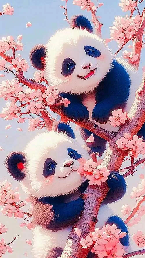 Ảnh nền hai gấu trúc bám cành giữa tán hoa hồng phấn, gương mặt tròn ngước ra ngoài khung hình khiến ảnh màn hình gấu trúc này vừa ngọt vừa dễ thương
