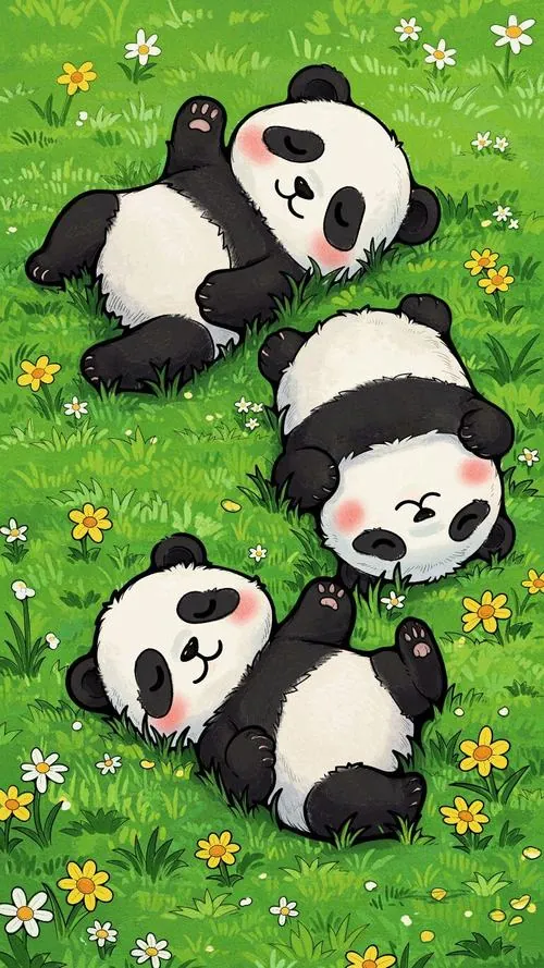 Bốn chú gấu trúc nằm rải trên bãi cỏ xanh lấm tấm hoa vàng, bụng ngửa lên trời và dáng ngủ chơi vô tư làm hình gấu trắng đen trông HD mà vui mắt