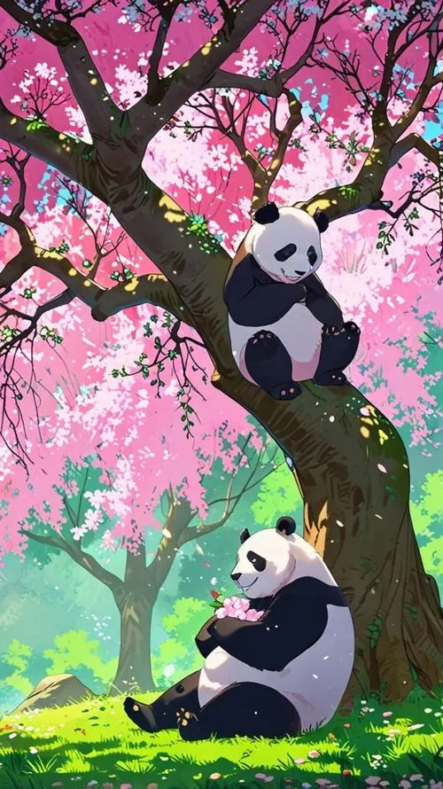 Ảnh bìa một chú gấu trúc ngồi dưới gốc cây còn chú khác bám trên cành giữa sắc hồng phủ kín, góc nhìn xa làm khung cảnh yên mềm như ảnh nền gấu trúc