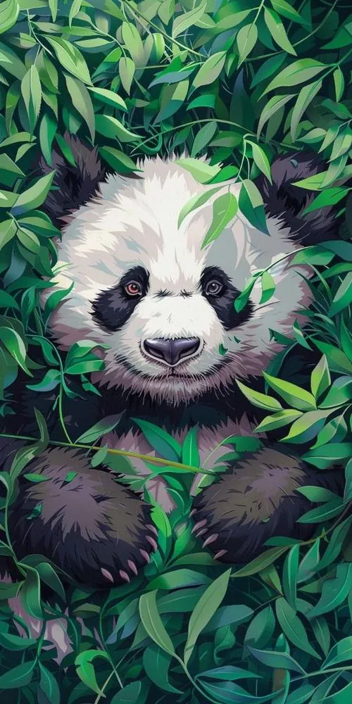 Gương mặt gấu trúc ló ra giữa bụi lá rậm xanh đậm, đôi mắt tròn nhìn thẳng và phần lông trắng nổi bật khiến tấm hình đại diện gấu trúc này trông rất 4K