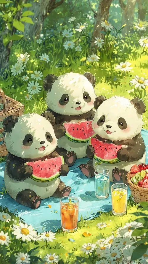 Hình nền điện thoại ba gấu trúc con ngồi quây bên dòng nước nhỏ, trước mặt có trái cây và ánh nắng loang nhẹ làm khung ảnh kỹ thuật số này đáng yêu như truyện tranh